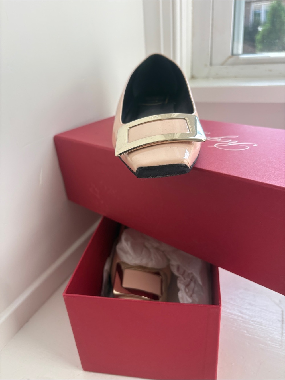 Roger Vivier Blush Pink Patent Pointed Toe Flat with Gold Buckle